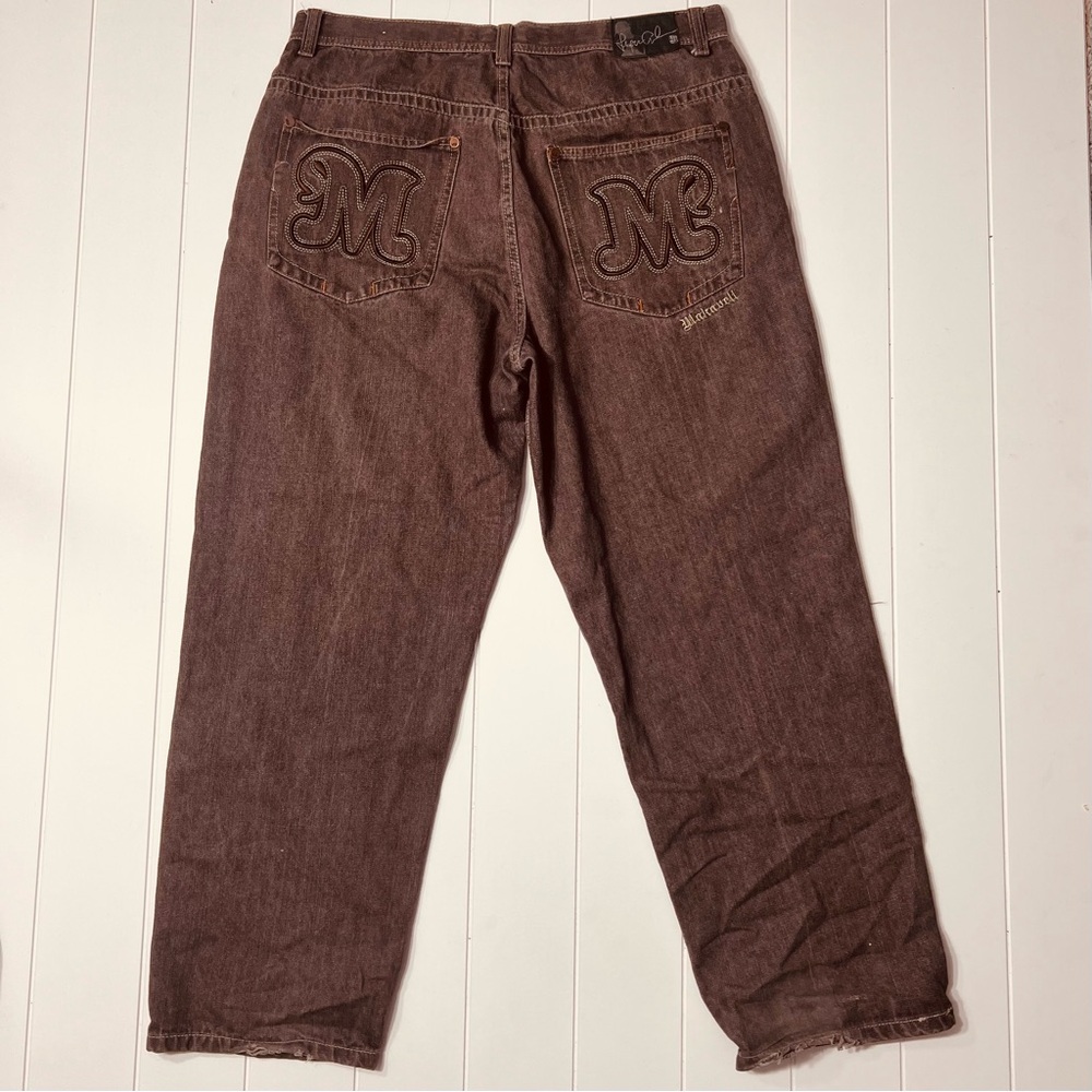 Makaveli Branded Brown Denim Baggy Streetwear Jeans Size 38 Embroidered Pockets